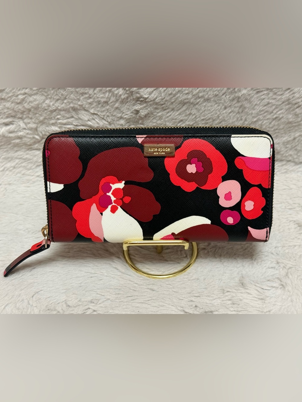 kate spade Black “WonderFloral”Zip Wallet - Red, Pink & White Accents